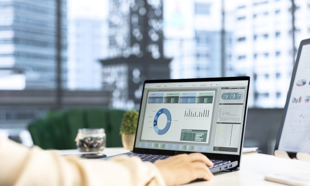 Business leader and trader searching for a new investment solution, examining trading risks and opportunities for company development. Female CEO planning finances and doing research.